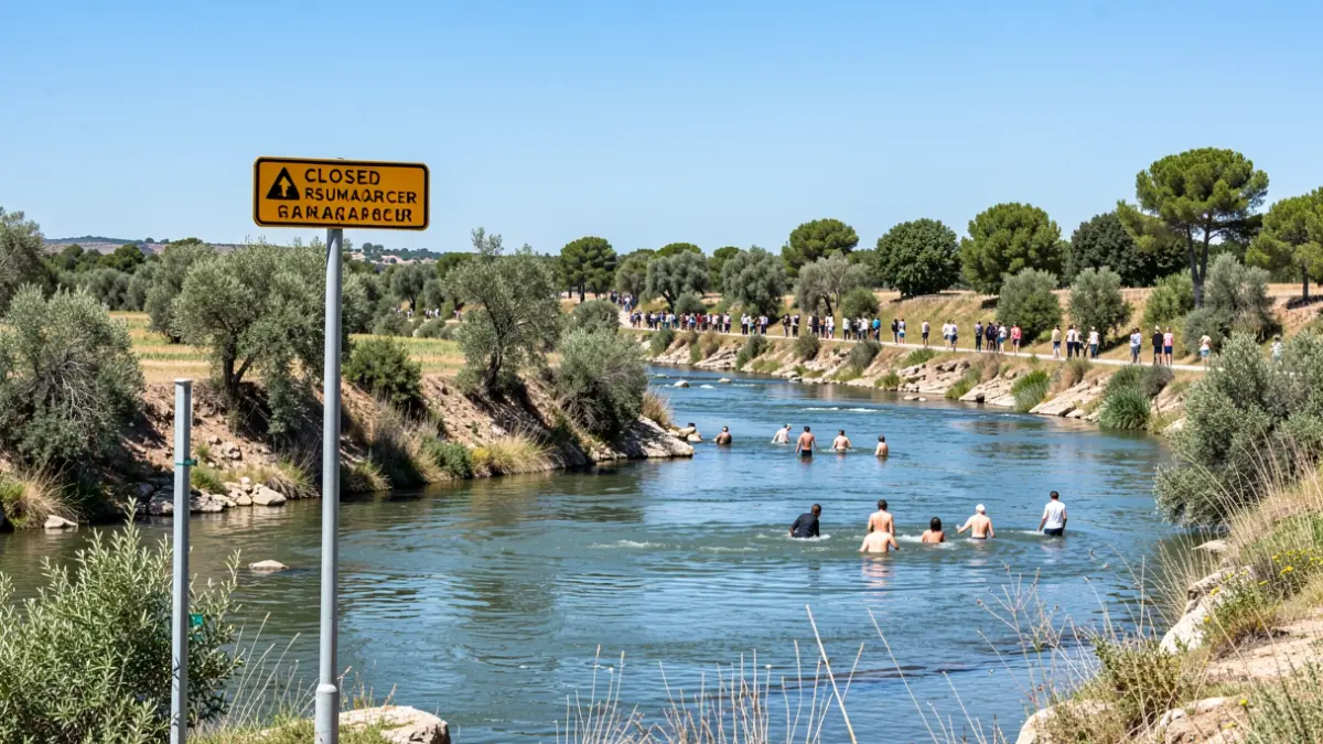 Generic image of the Xúquer river in Sumacàrcer with a closed recreational area and bathers.