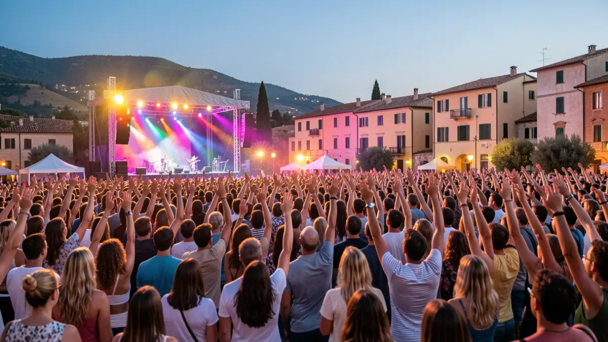 Imagen genérica de una multitud en un festival de música al atardecer con luces de colores.