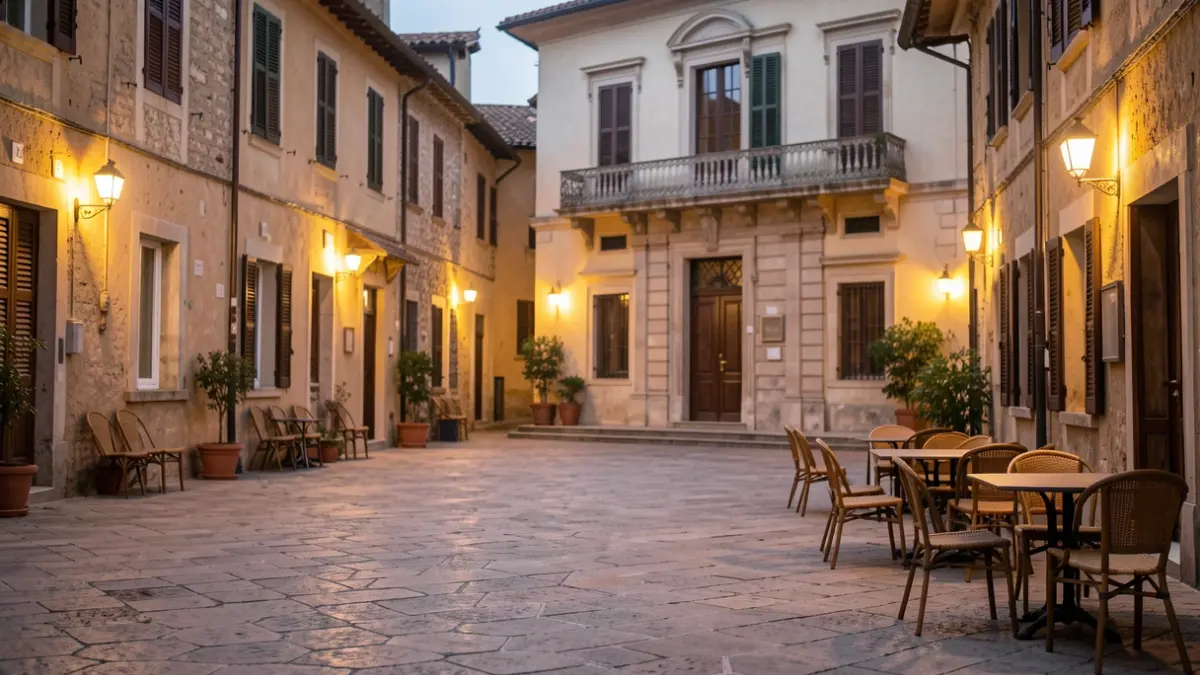 Imagen genérica de una plaza de pueblo mediterráneo al atardecer con la fachada de un ayuntamiento.