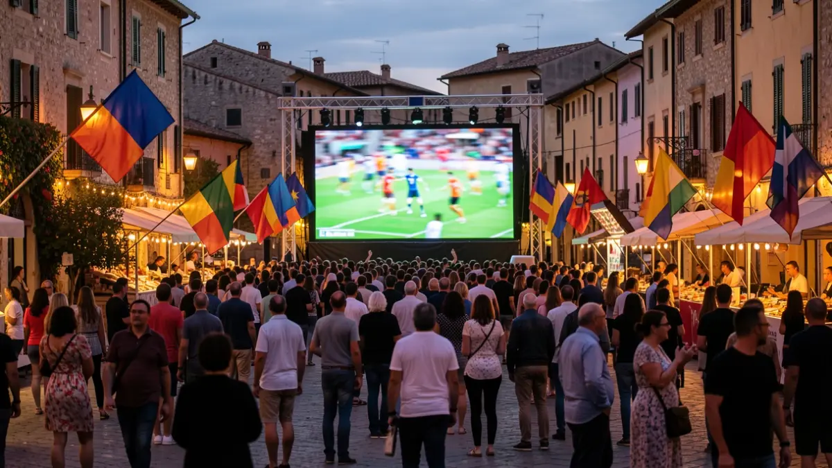 Imagen genérica de una zona de fans con pantalla gigante y ambiente festivo al atardecer.