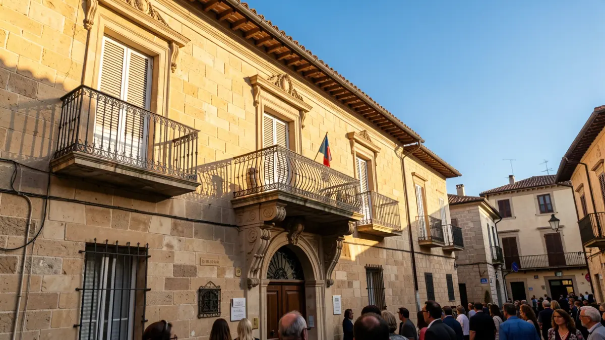 Imagen genérica de la fachada de un ayuntamiento mediterráneo con balcón y barandillas de hierro, luz de tarde.