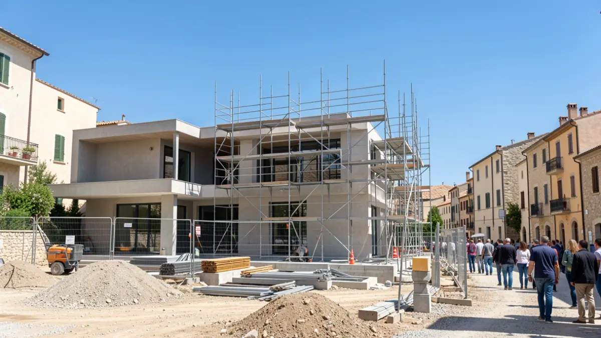 Obras de construcción de un edificio público en una localidad mediterránea.