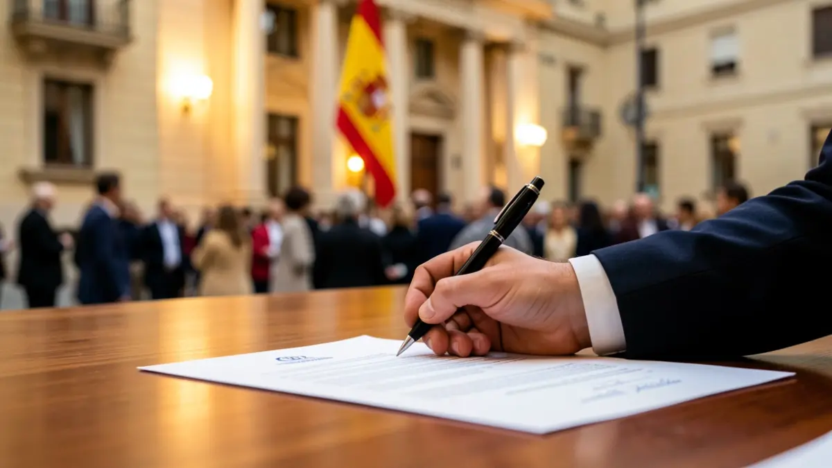 Generic image of a hand signing an official document in a city hall.