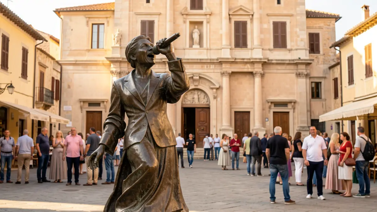 Imatge d'una escultura de bronze d'un cantant en una plaça de poble valencià.
