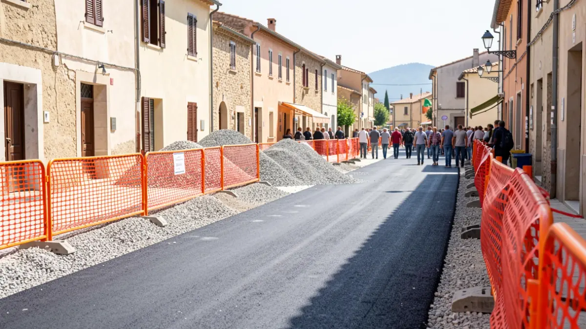 Generic image of public works on a street with new asphalt and safety barriers.