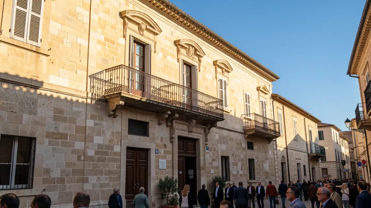 Façana de pedra d'un edifici històric en una plaça, amb balcons de ferro i llum càlida de vesprada.