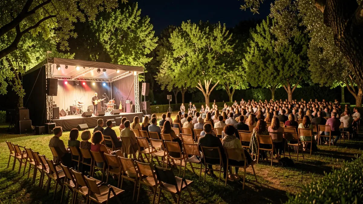 Escenario de los Conciertos de Viveros en un entorno ajardinado durante la noche.