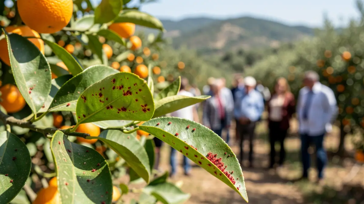 Generic image of citrus leaves affected by a pest in a crop field.