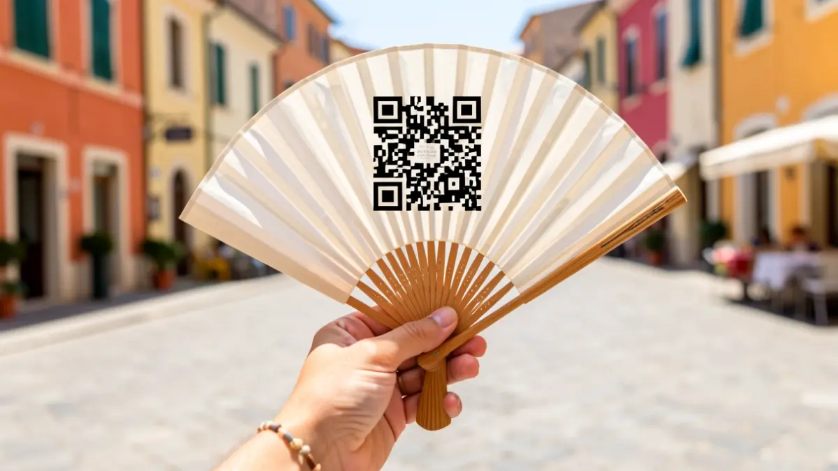 Imatge d'un ventall amb un codi QR, promoció de les festes de Dénia.