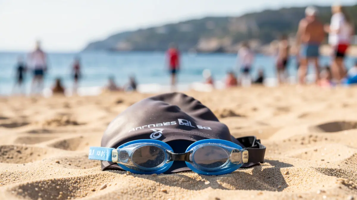 Image of swimming gear on the beach of Arenales del Sol during the preparation of a sports competition.