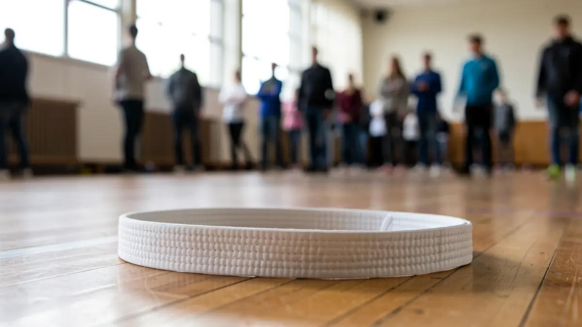 Generic image of a karate belt on a wooden floor in a sports hall.