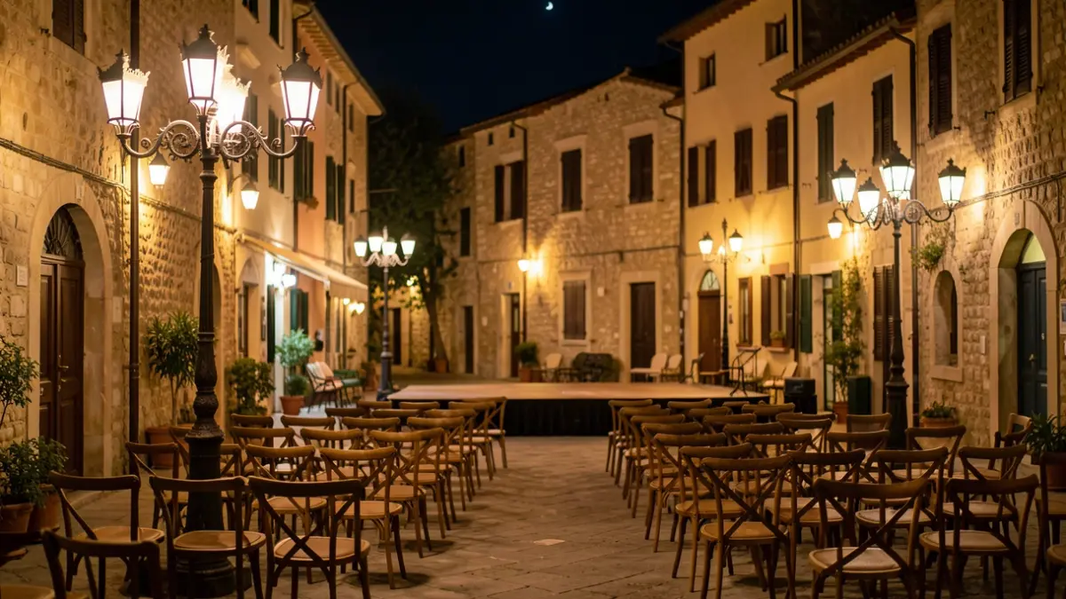 Escenario al aire libre en una plaza iluminada para una representación teatral nocturna.