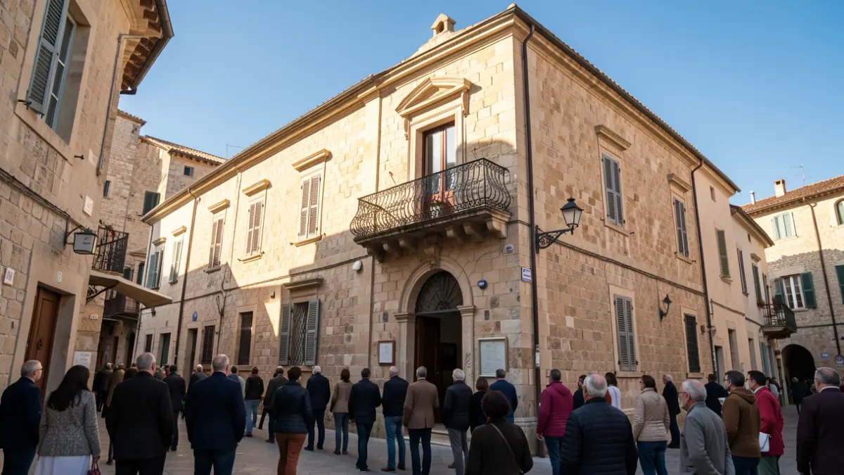 Façana de pedra de l'Ajuntament d'Elx amb balcó ornamentat sota la llum del sol.