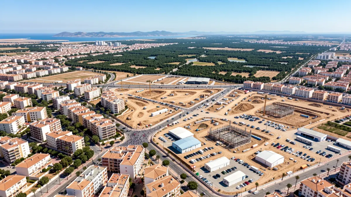 Vista aèria de sectors d'expansió urbana a Elx, amb edificis i zones en construcció.