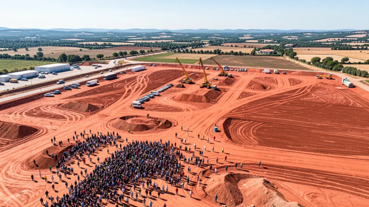 Obres d'urbanització en un polígon industrial amb terra roja i maquinària pesada al fons.