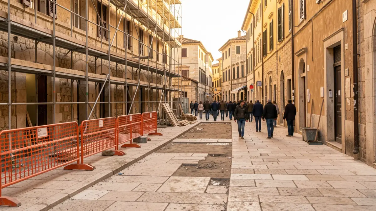 Imagen de obras en el centro histórico de una ciudad mediterránea.