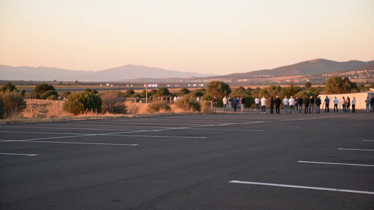 Generic image of an asphalt parking area near an airport at sunset.