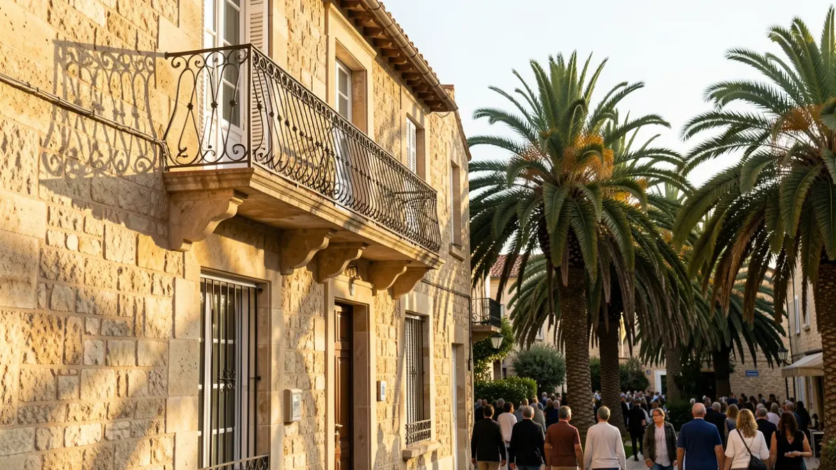 Façana de pedra d'una casa tradicional amb balcó de ferro, envoltada de palmeres sota la llum del sol.