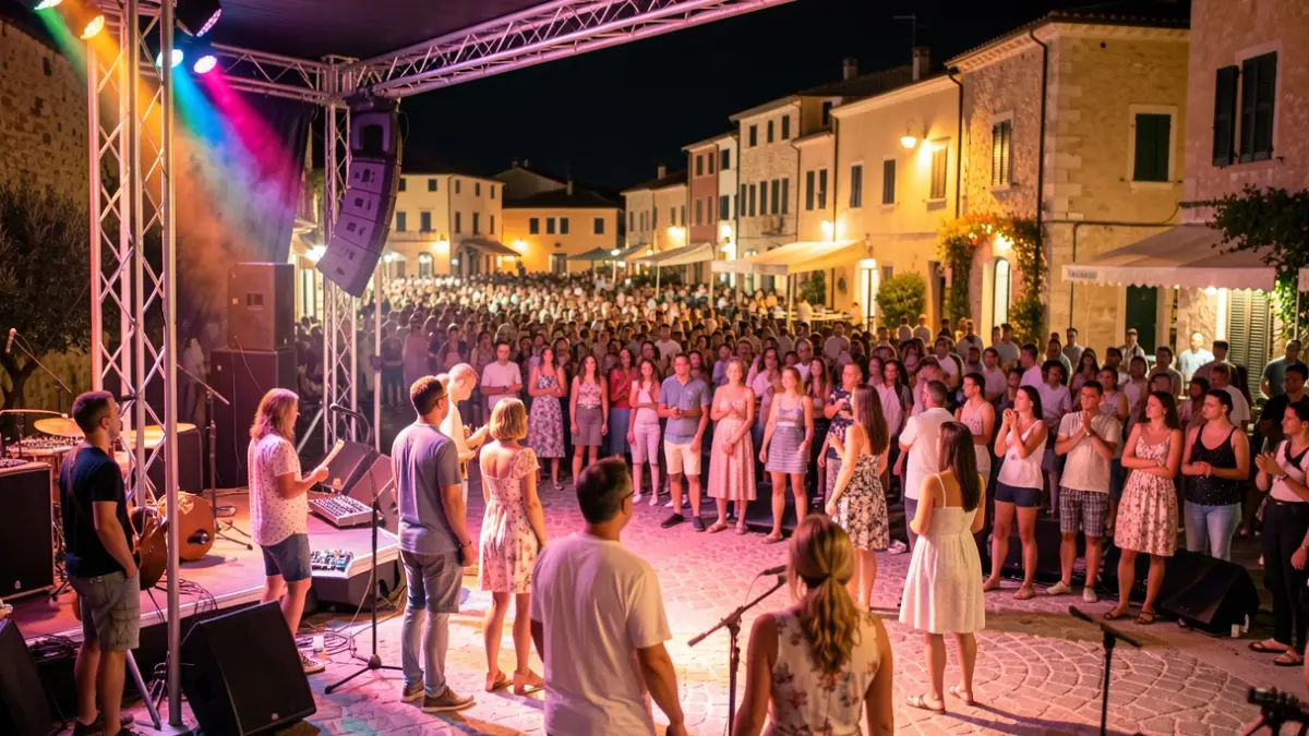 Escenario de un festival de música al aire libre durante las fiestas de verano.