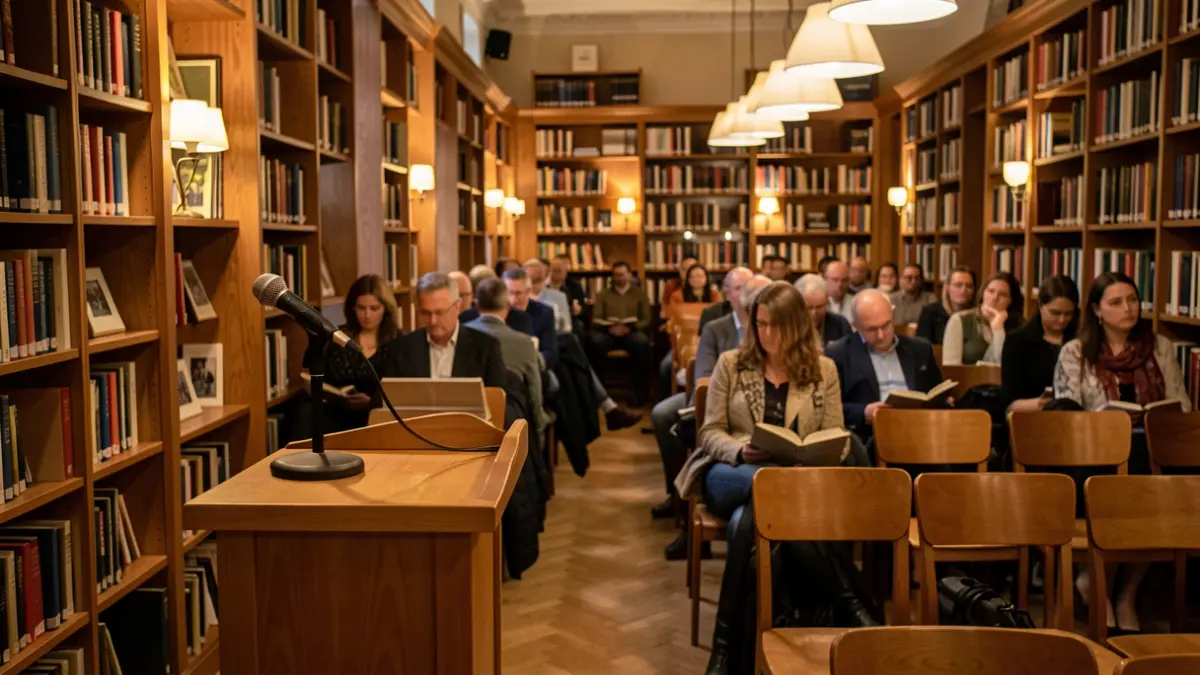 Interior d'una biblioteca amb prestatgeries de fusta i un faristol, ambient càlid de lectura.