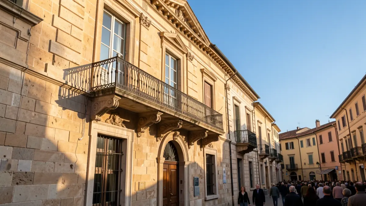 Imagen genérica de la fachada de un ayuntamiento mediterráneo con balcón y barandillas de hierro, luz de tarde.