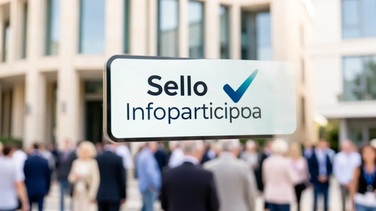 Segell Infoparticipa digital amb un checkmark, davant d'una façana d'edifici oficial mediterrani.