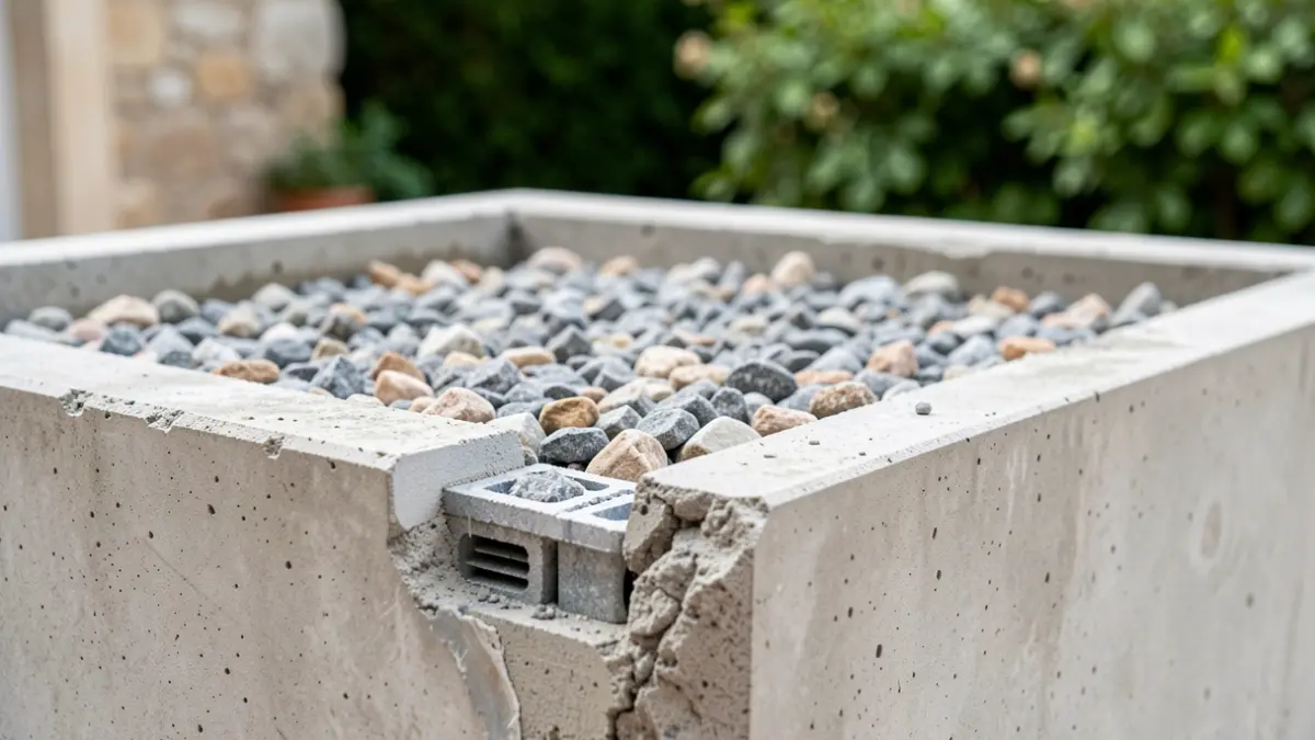 Imagen genérica de jardineras en obras con grava y hormigón.