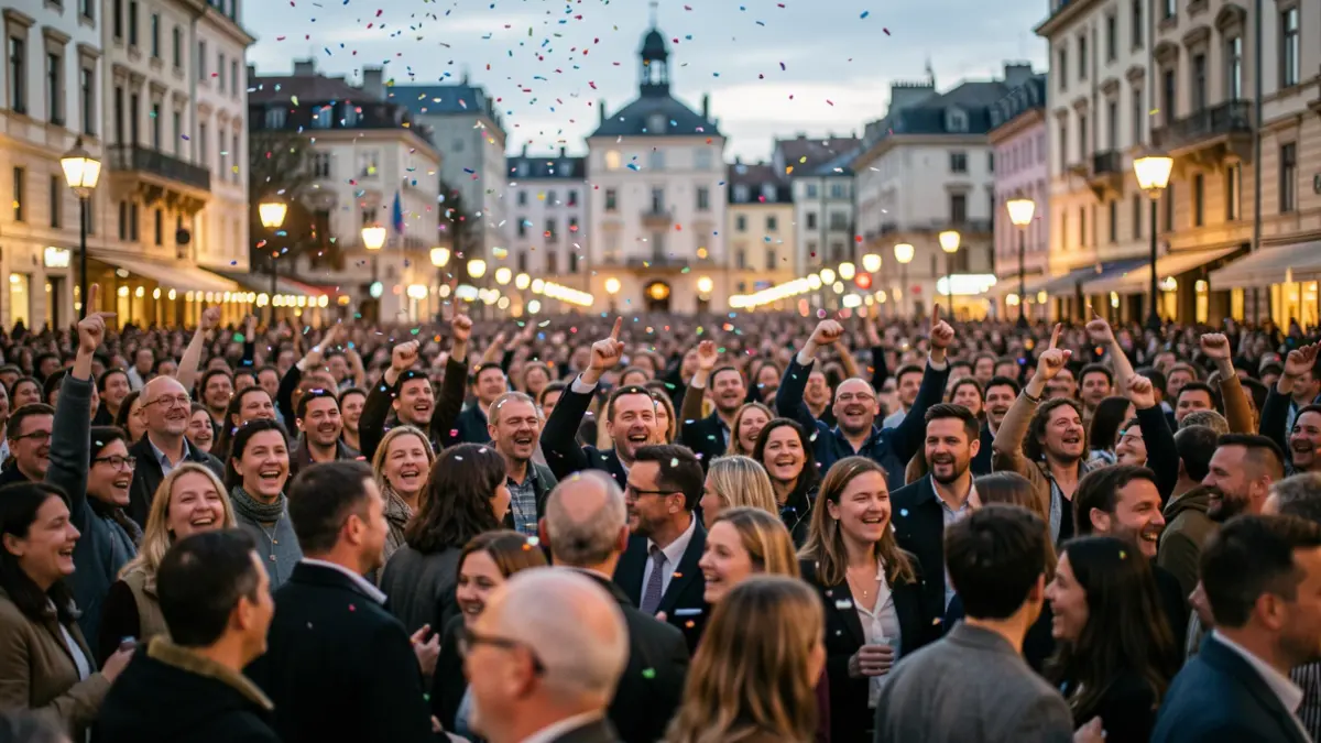 Imatge genèrica d'una multitud celebrant en una plaça al capvespre amb confeti.