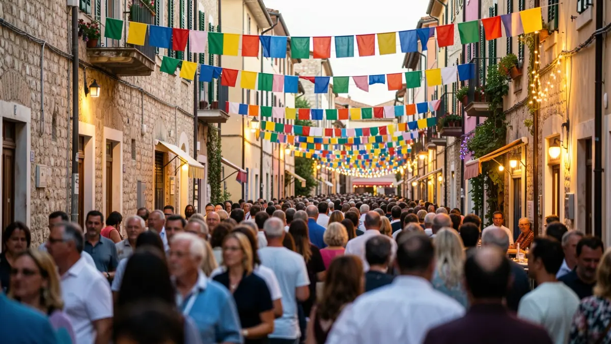 Generic image of a popular festival with banners and people.