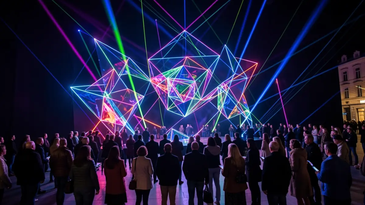 Imagen genérica de una instalación de arte digital abstracta con formas geométricas luminosas.