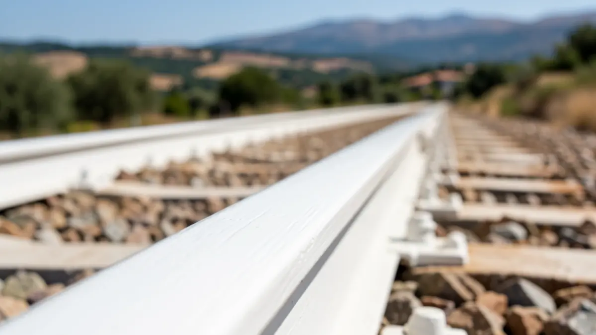 Image of a white-painted railway track section to reduce temperature.