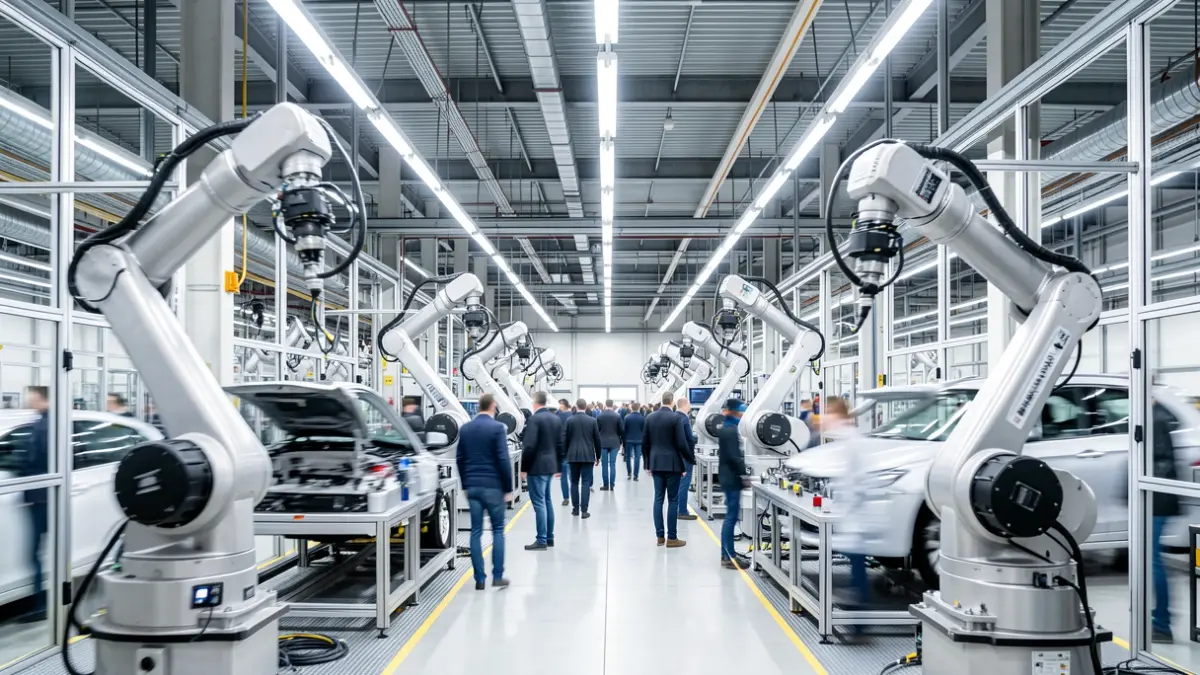 Imatge genèrica de l'interior d'una planta de fabricació d'automòbils amb tecnologia robòtica.