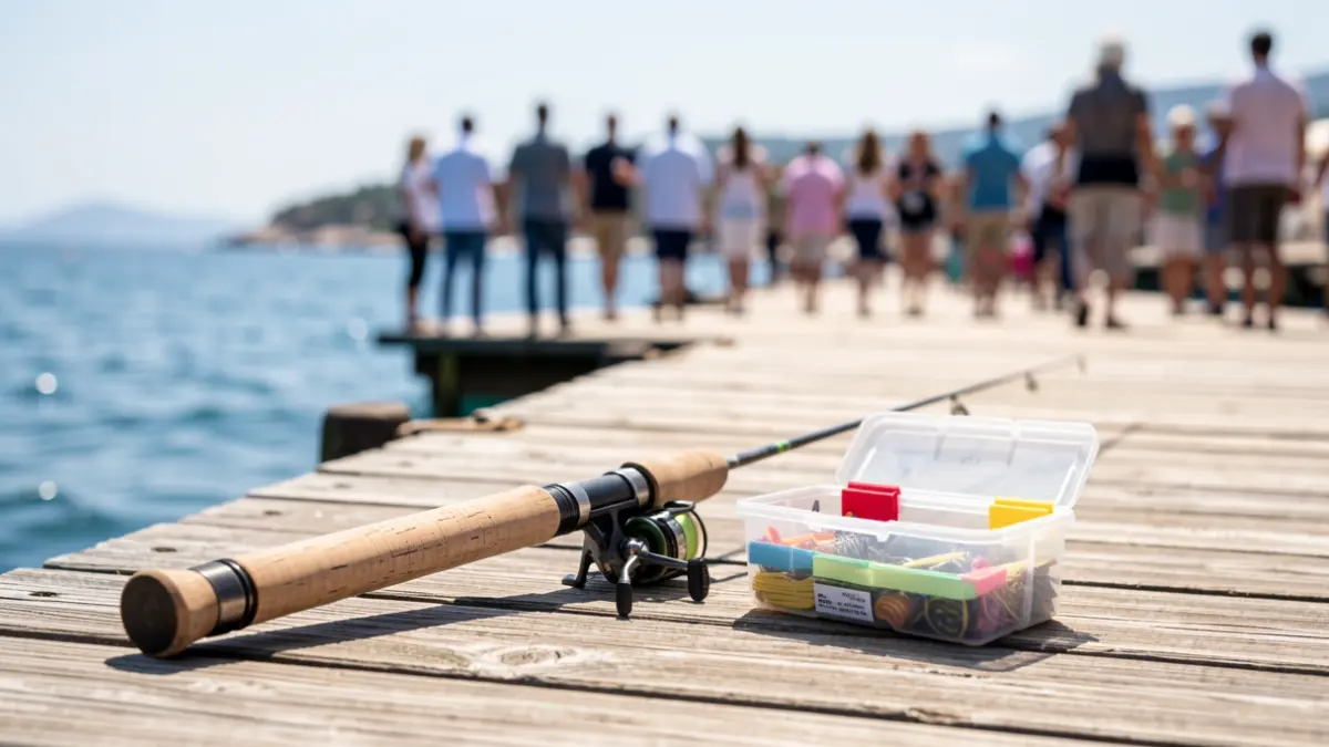 Generic image of fishing gear on a pier with the sea in the background.
