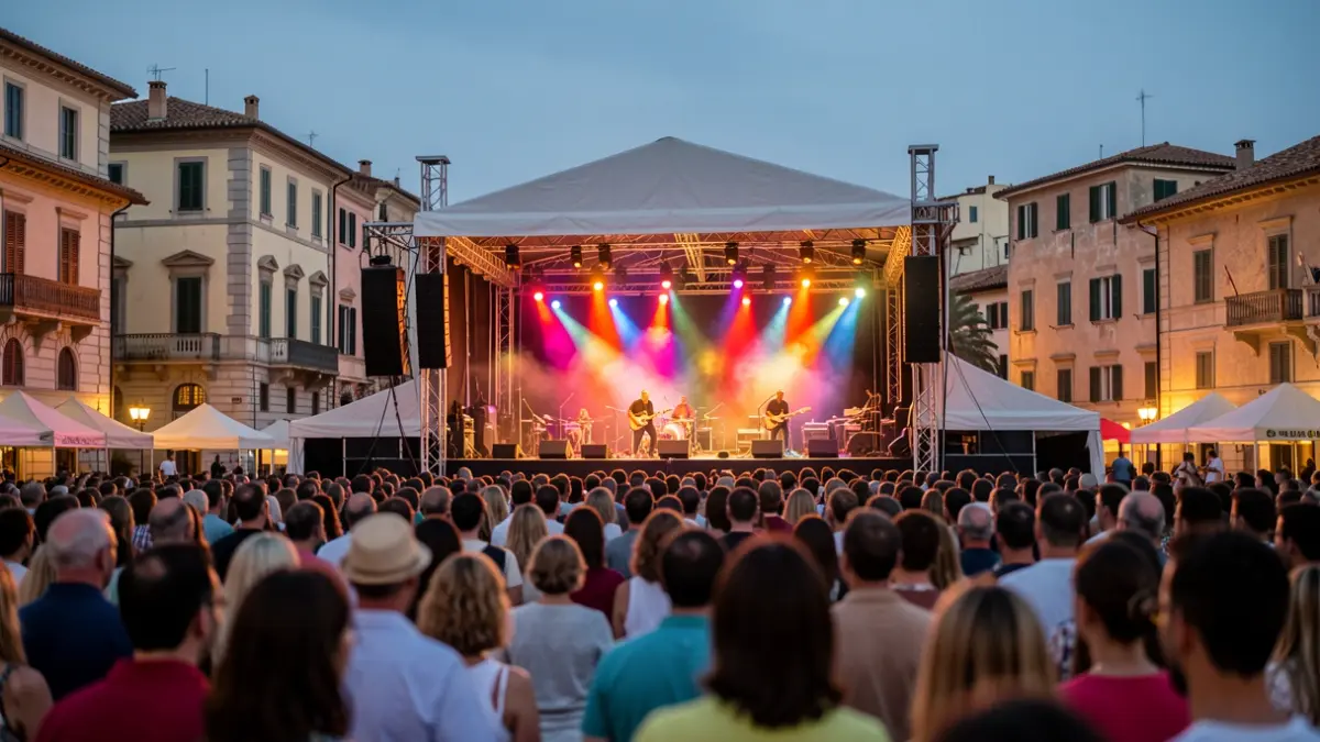 Imatge genèrica d'un escenari de festival de música a l'aire lliure al capvespre, amb arquitectura mediterrània al fons.