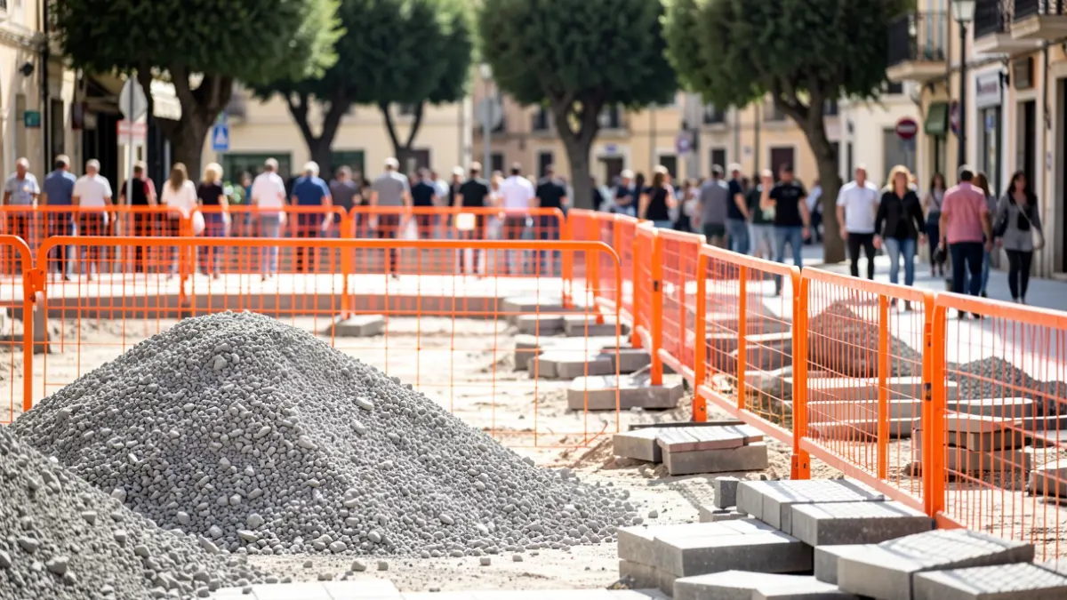 Imagen genérica de una zona de obras urbanas con materiales de construcción y barreras de seguridad.