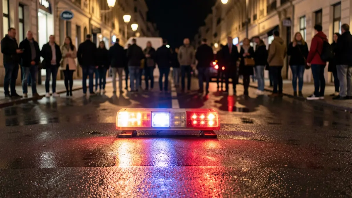 Generic image of emergency lights reflecting on wet asphalt at night.