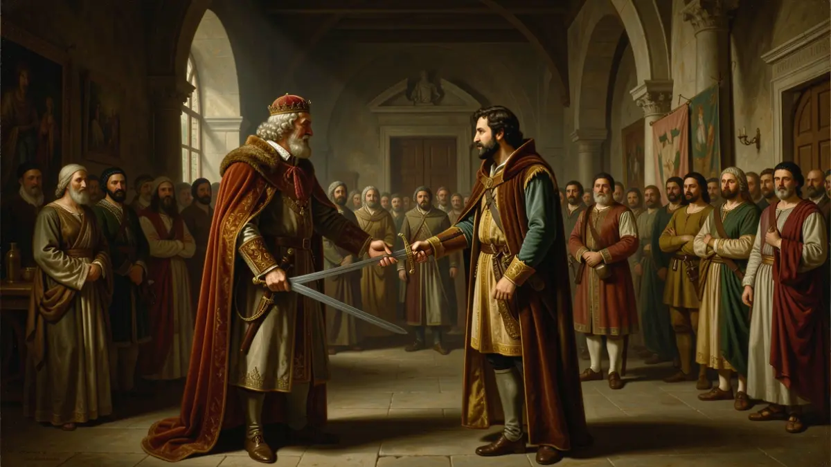 Historical painting of King James I handing the sword to his son Peter the Great.