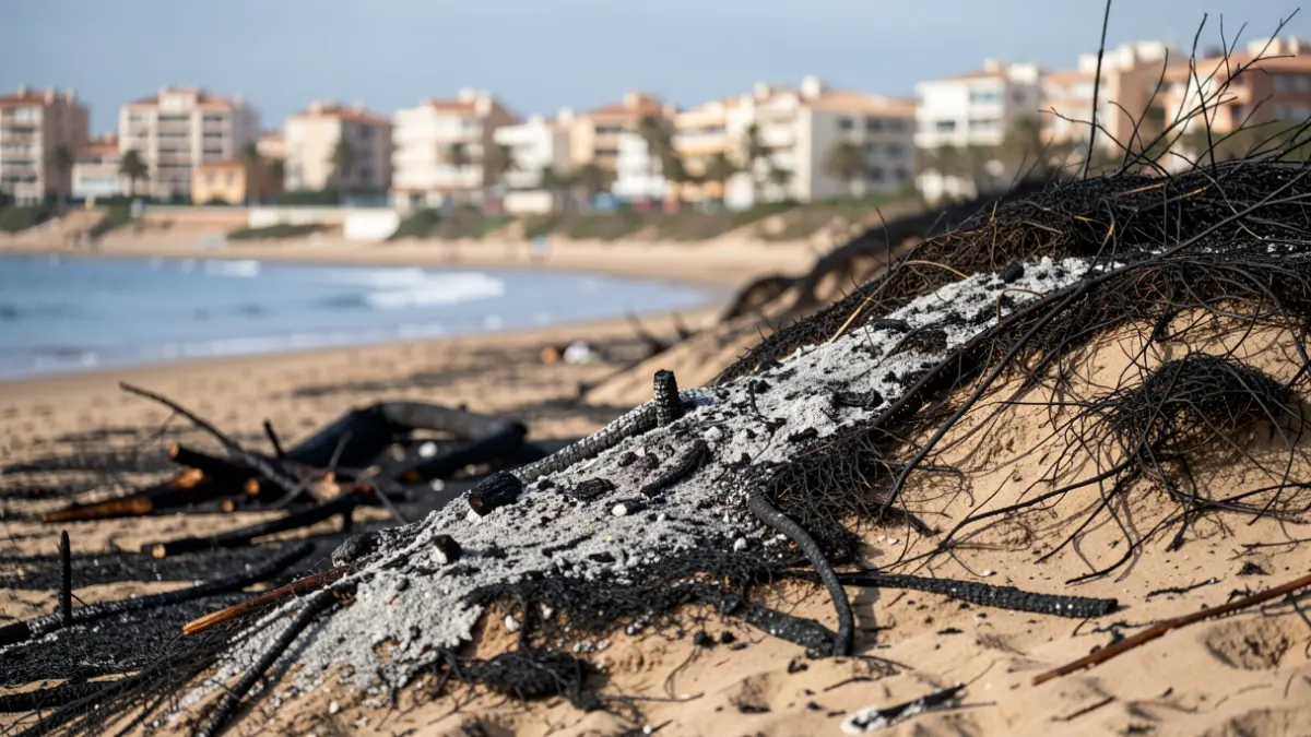 Image of a burnt dune and ash-covered landscape next to El Raset beach in Dénia, with urbanizations in the background.