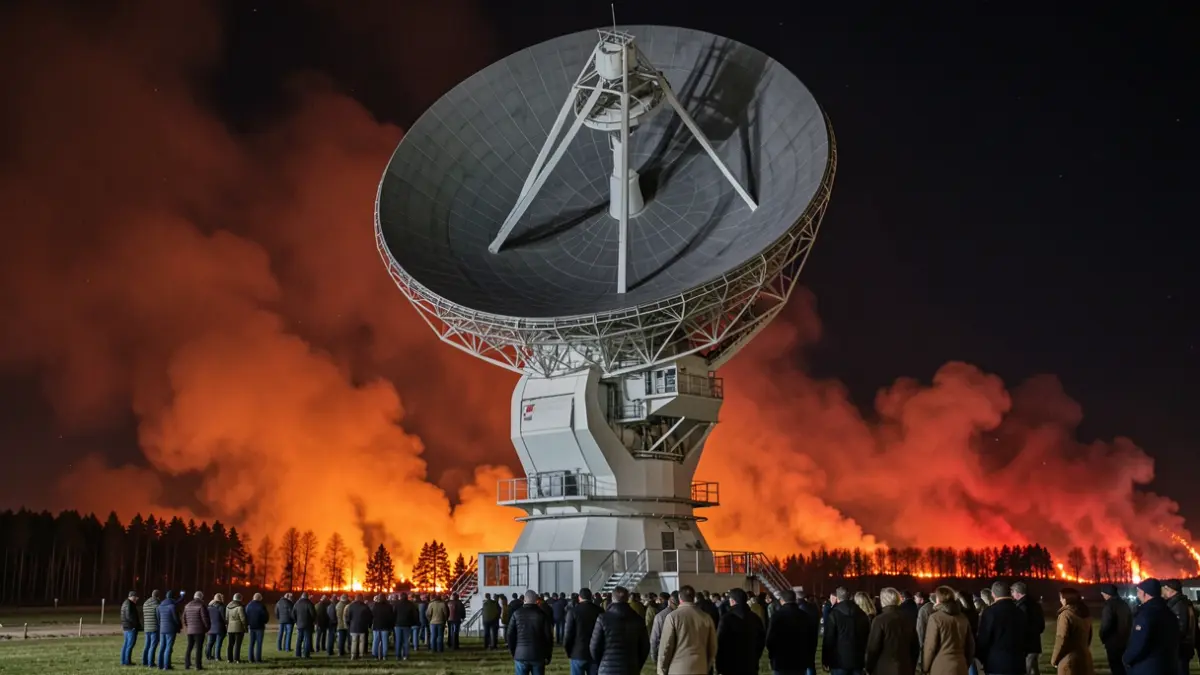 Imagen de una gran antena de comunicaciones espaciales bajo un cielo nocturno con un incendio forestal al fondo.