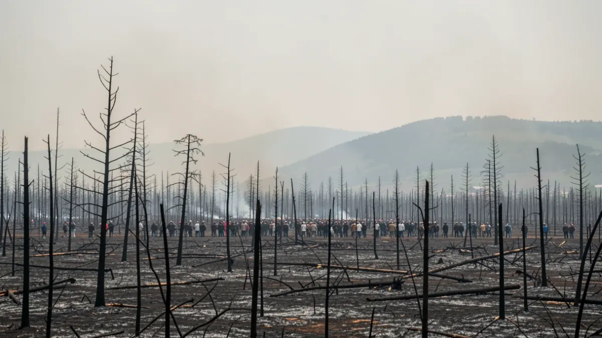 Imagen genérica de un paisaje forestal quemado con humo en el cielo.
