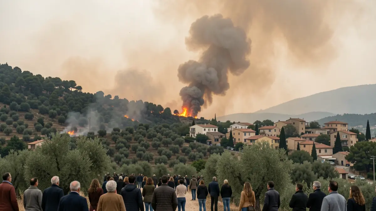 Image of an uncontrolled forest fire in La Vall d'Uixó, with dense smoke and visible flames.