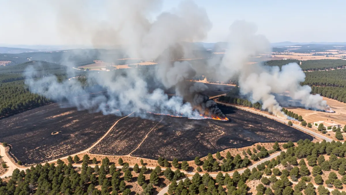 Generic image of a large forest fire in a Mediterranean landscape with smoke.