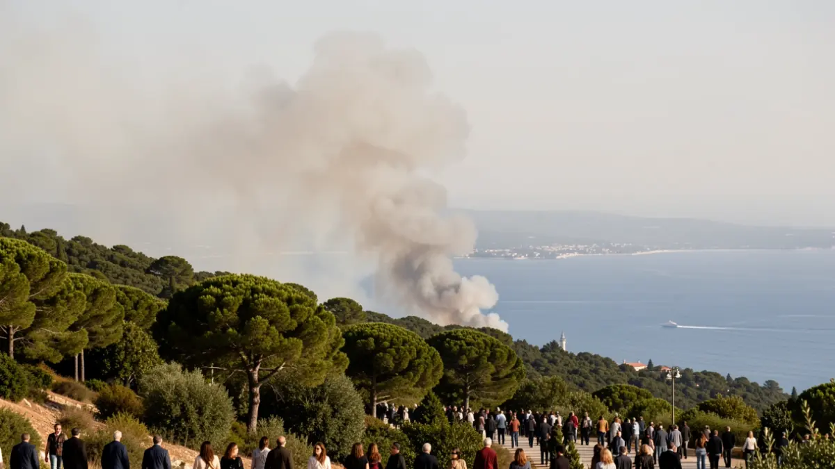 Imagen genérica de un incendio forestal con humo y mar.