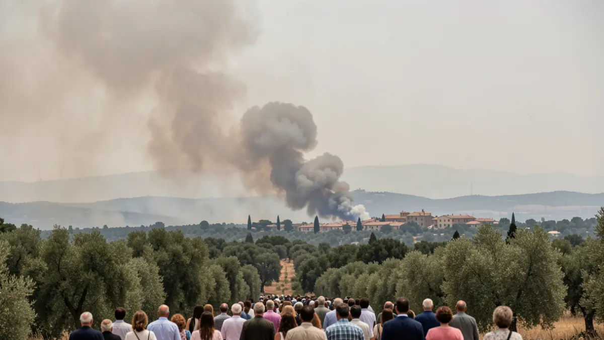 Imagen genérica de un incendio forestal con humo y una población al fondo.