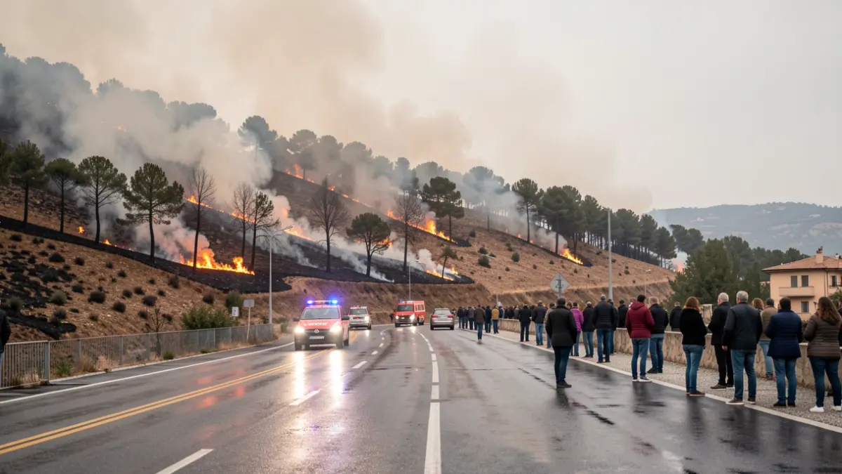 Imagen genérica de un incendio forestal con humo y luces de emergencia.
