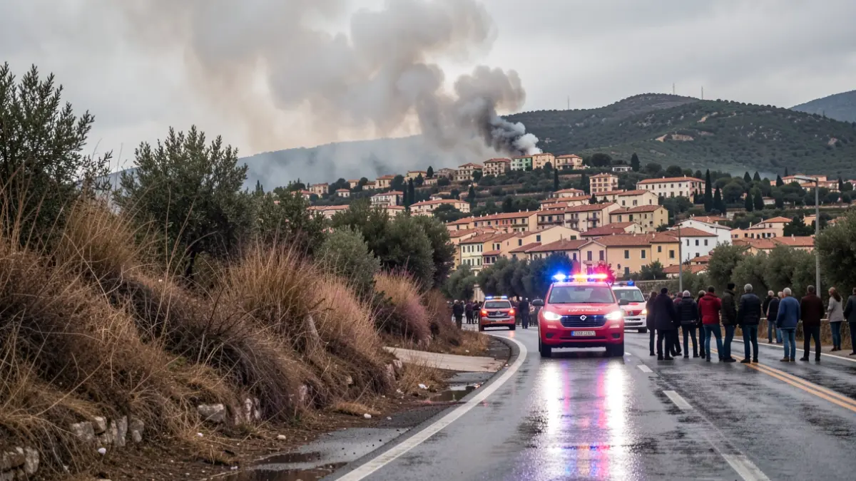 Imagen genérica de un incendio forestal con humo y luces de emergencia.