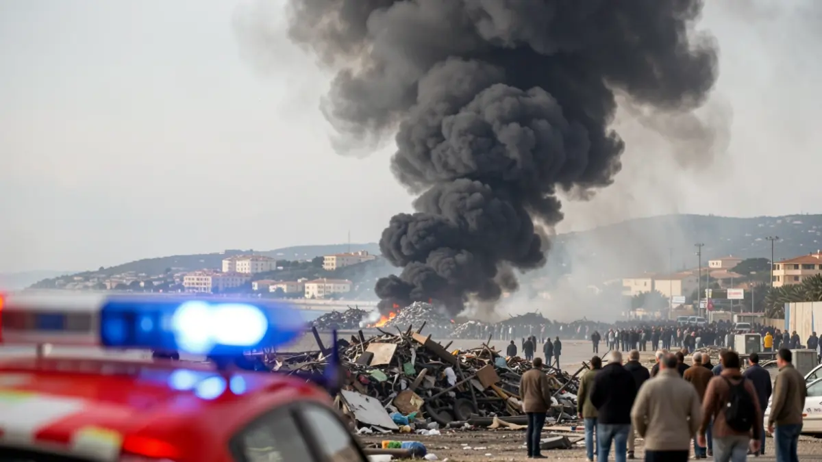 Image of a dense column of black smoke coming from a scrapyard fire in El Verger.