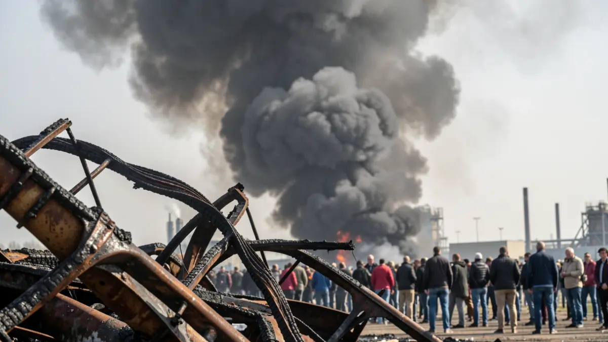 Imatge genèrica d'un incendi industrial amb fum negre i ferralla cremada.