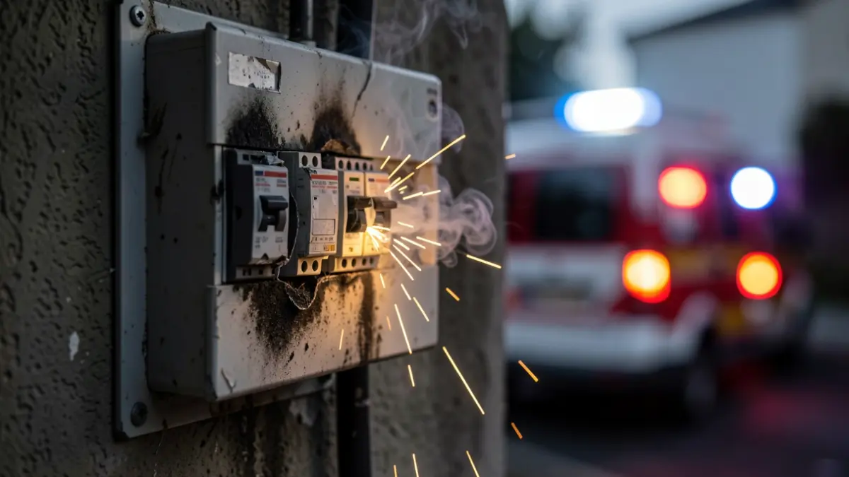 Imagen de un cuadro eléctrico dañado por un incendio con humo y luces de emergencia.