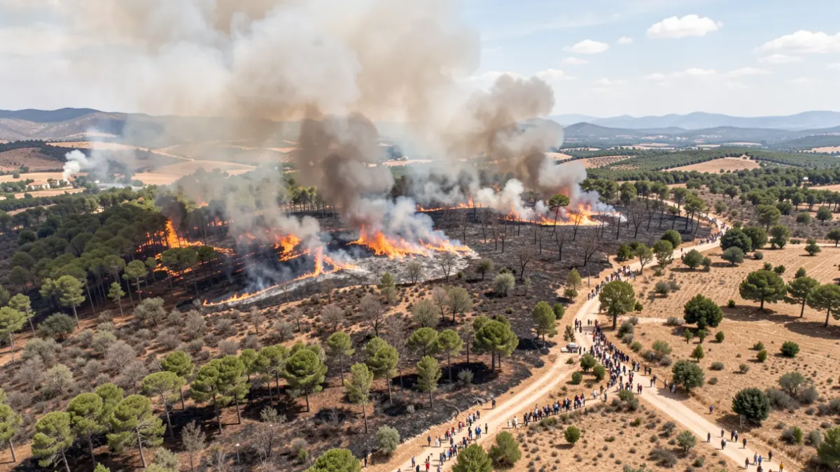 Aerial image of a large, out-of-control forest fire in La Vall d'Uixó.